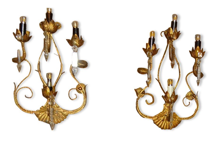 Pair Of Golden Iron Wall Lamps With Four Lights 30x46 Cm