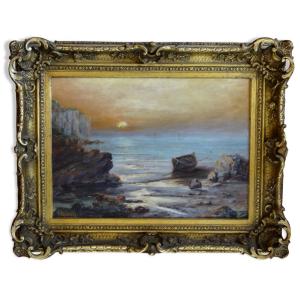 Oil On Canvas Marine Of The Cote d'Azur By Louis Cadierra 60 X 47 Cm