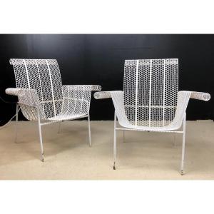 Pair Of Rene Malaval Armchairs In Perforated Metal Circa 1950