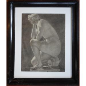 19th C. Academic Drawing, Female Nude In Profile By Auguste Valat 62 X 74 Cm