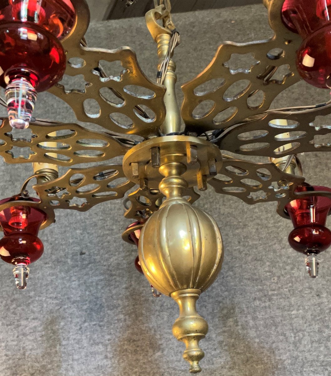 Synagogue Chandelier In Bronze And Blown Glass-photo-3