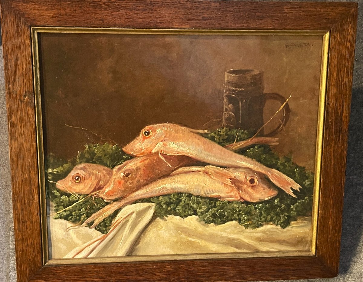 Les rougets, poissons : huile sur toile par Caminade - XIXème