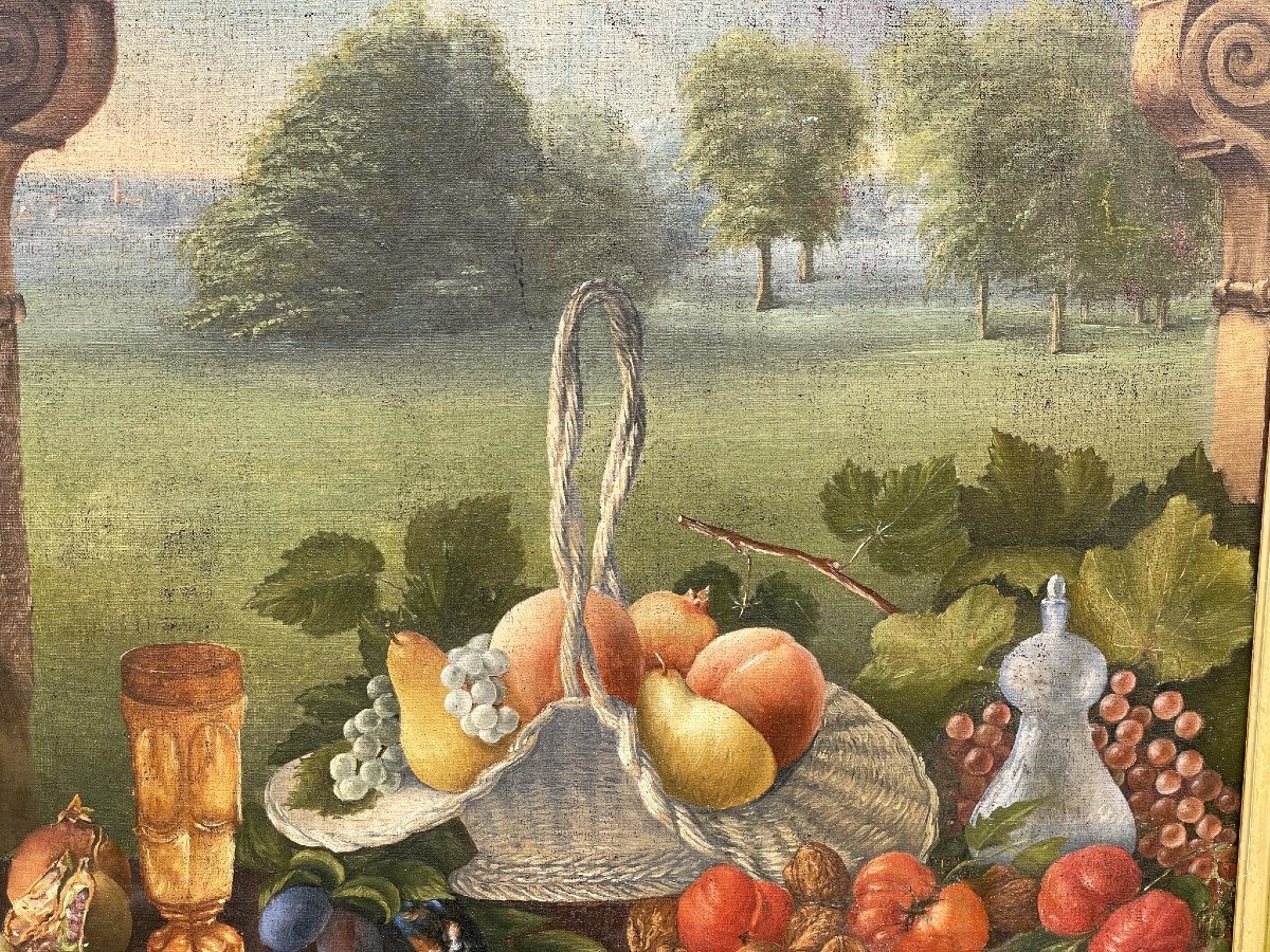 Grand tableau décoratif huile sur toile, panier de fruits, XIXème-photo-3