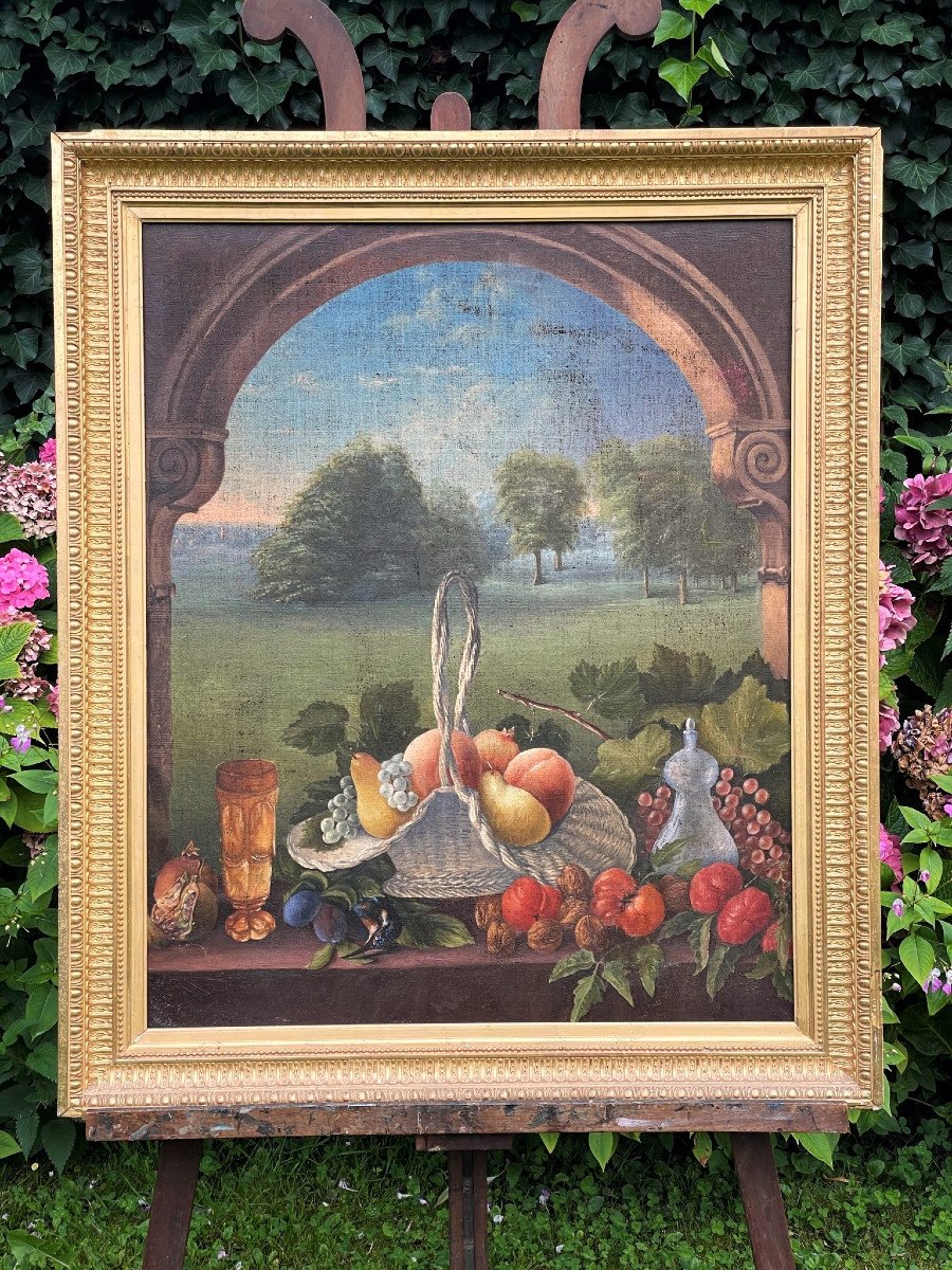 Grand tableau décoratif huile sur toile, panier de fruits, XIXème