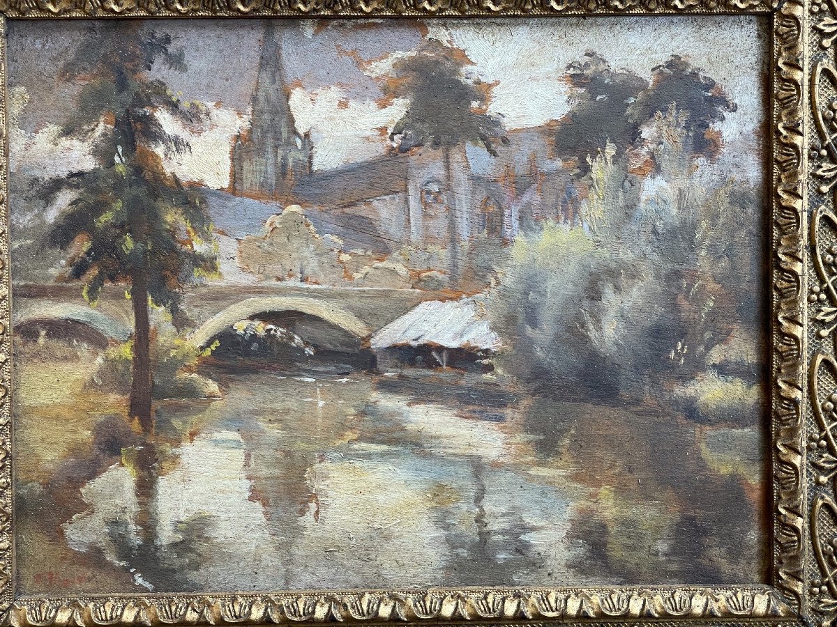 Washhouse Near The Church Bridge Oil On Panel Circa 1900-photo-2