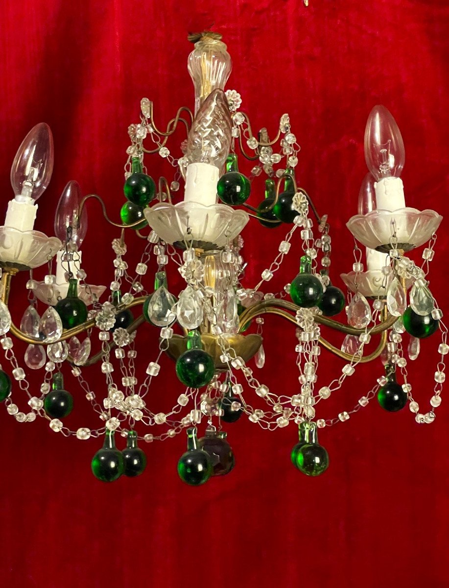 Chandelier With Tassels And Green Beads With Six Arms Of Light 20th Century-photo-2