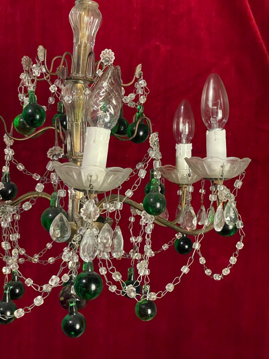 Chandelier With Tassels And Green Beads With Six Arms Of Light 20th Century-photo-1