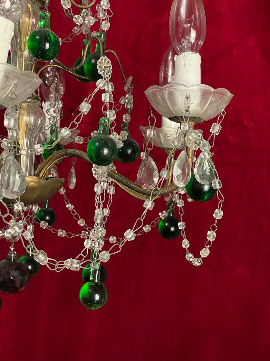 Chandelier With Tassels And Green Beads With Six Arms Of Light 20th Century-photo-2