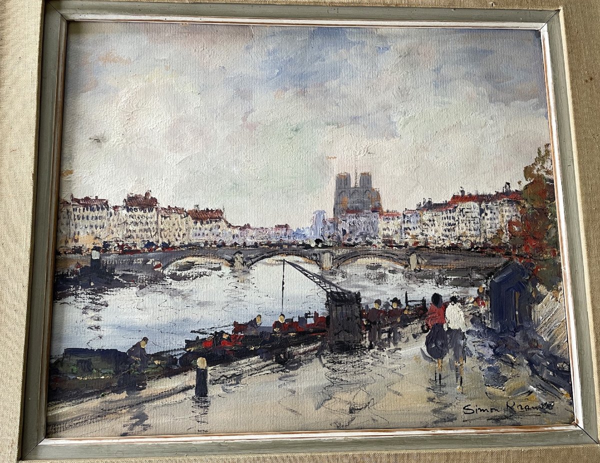 View Of Paris, Quai De Seine And Notre Dame By Simon Kramer 20th Century-photo-4