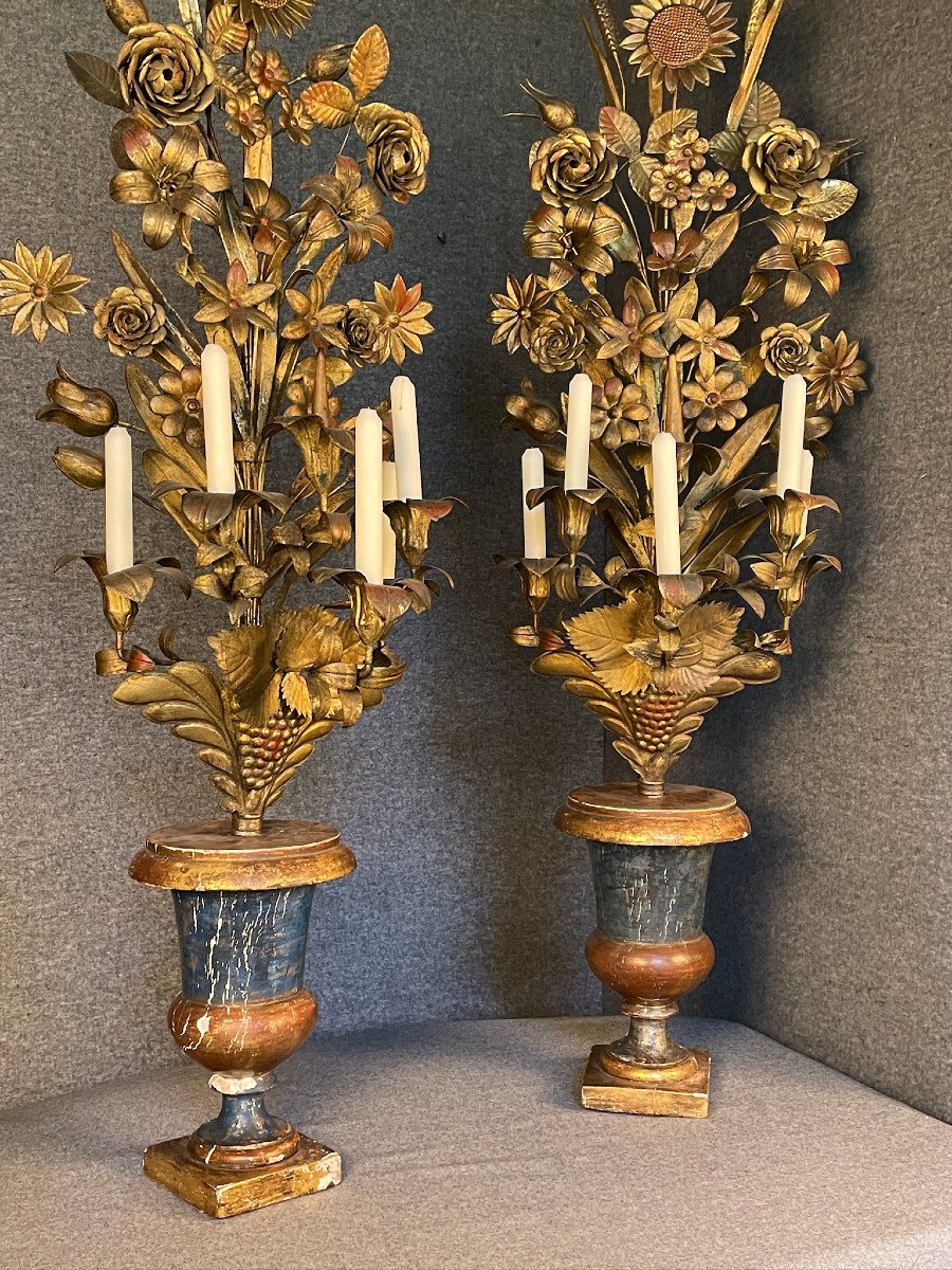 Paire de candélabres, vases Médicis portant des bouquets, torchères XIXème-photo-2