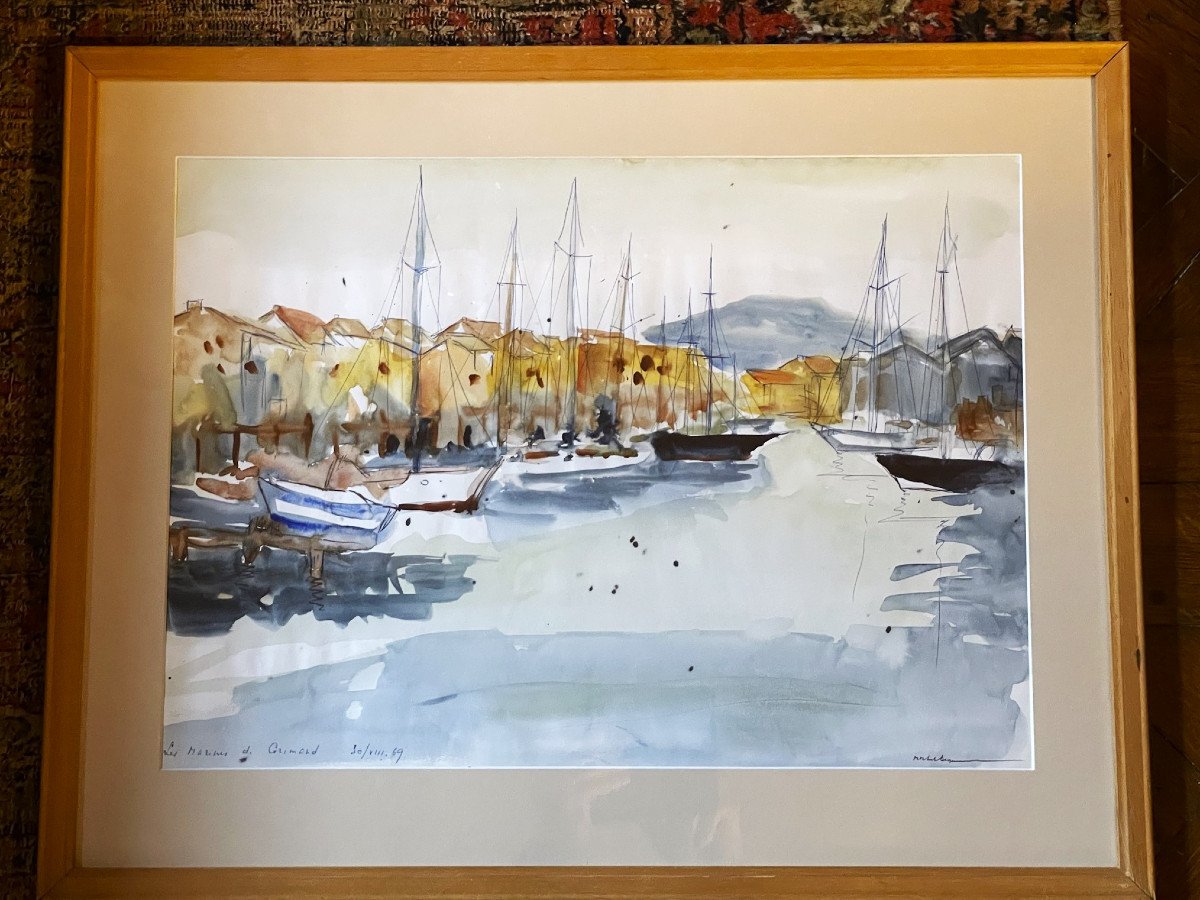 Port Grimaud, Cogolin, grande aquarelle de Michel Degenne-photo-1