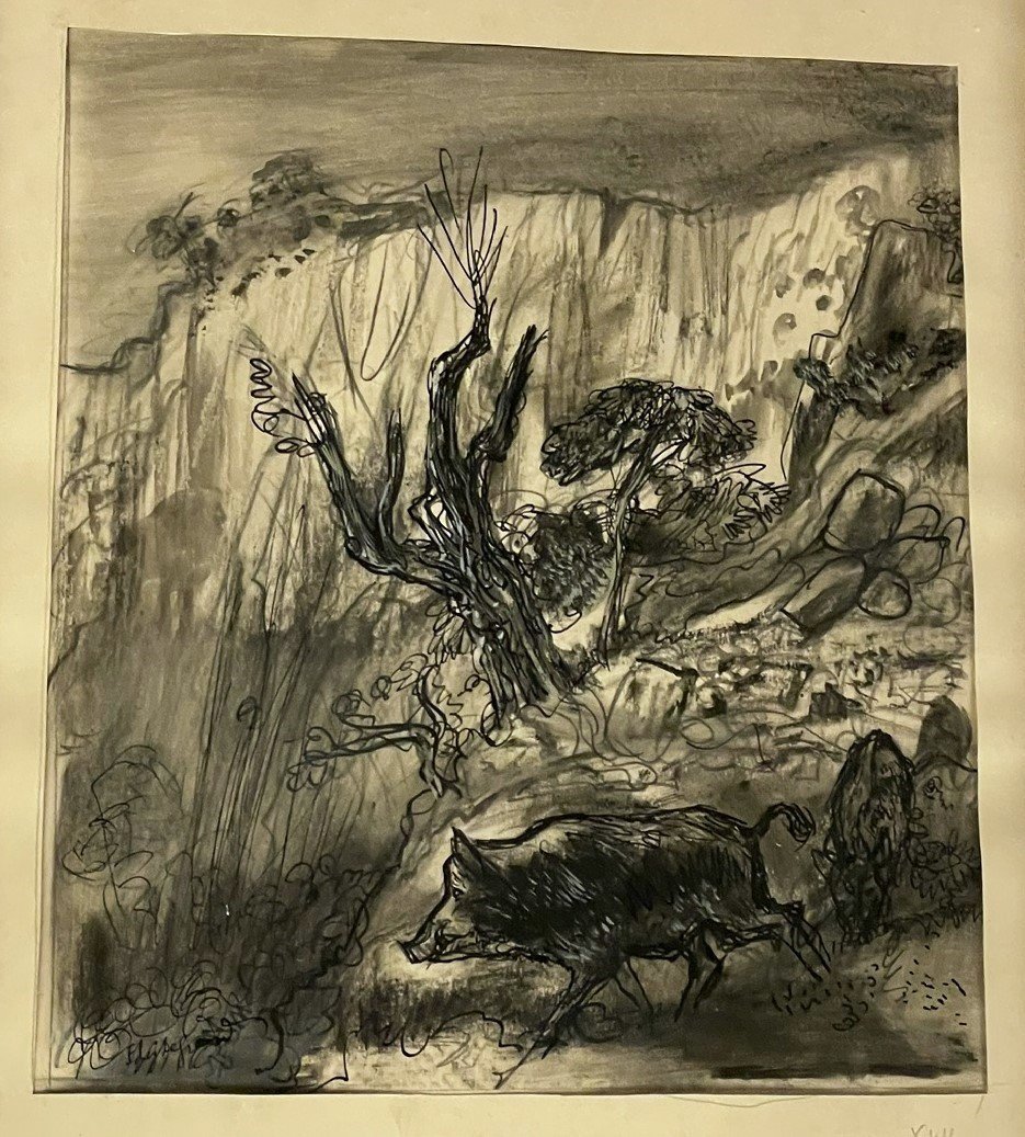 Edy Legrand dessin à l’encre « sanglier dans le Luberon » proche Bonnieux-photo-3