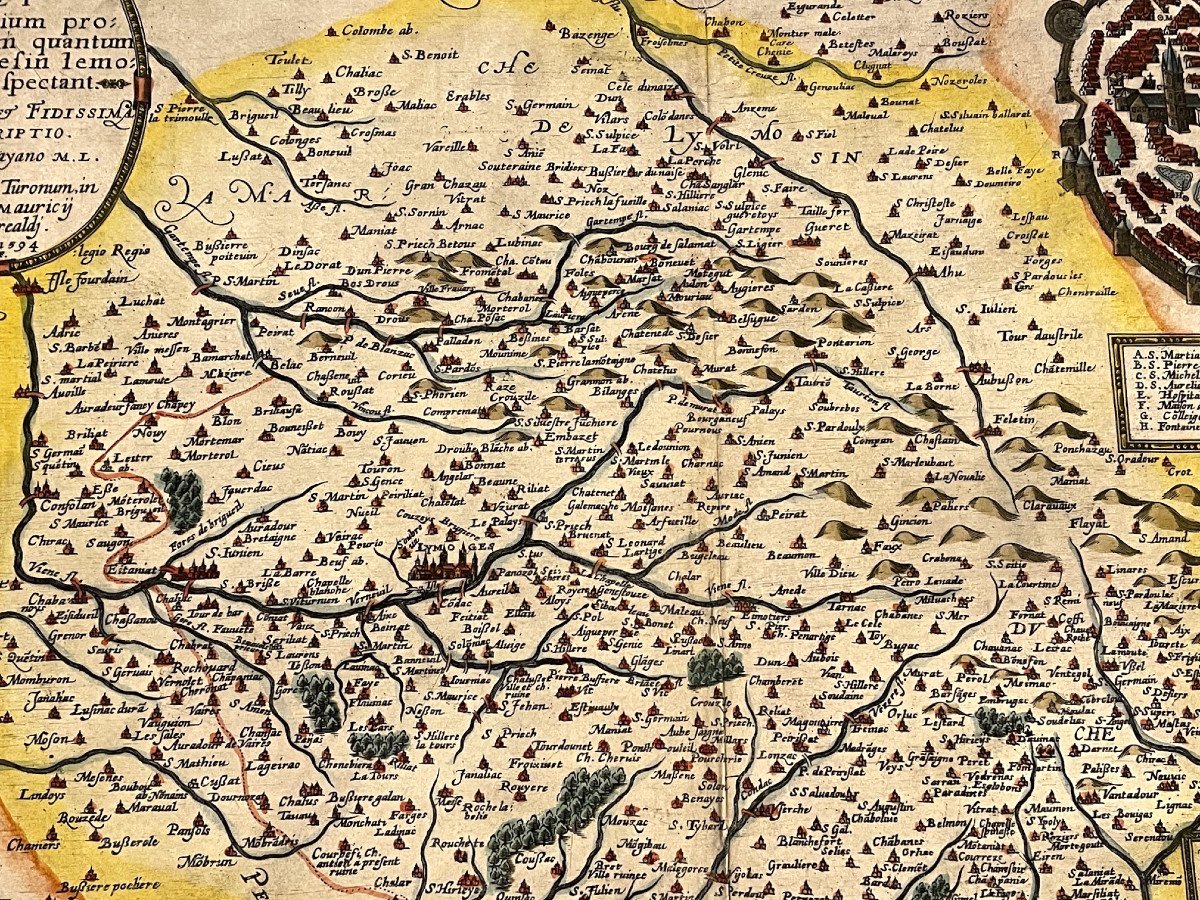 Carte originale aquarellée du XVIème siècle de Limoges et du Limousin-photo-4