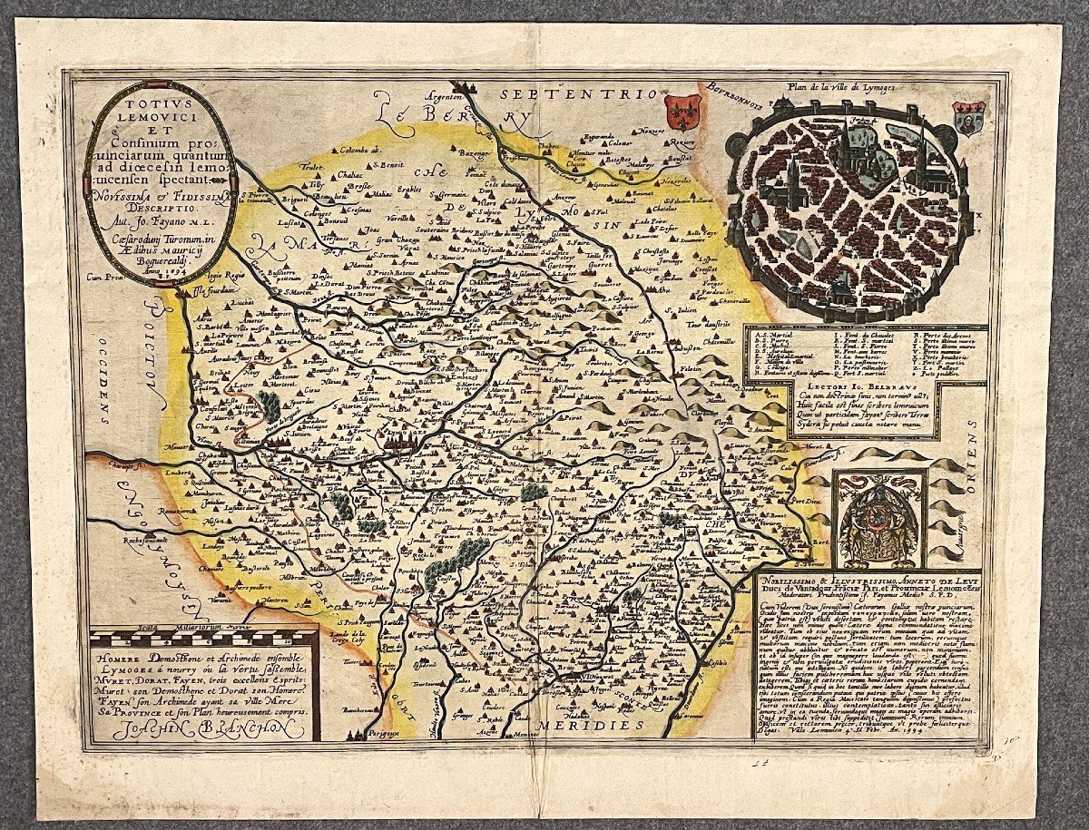 Carte originale aquarellée du XVIème siècle de Limoges et du Limousin