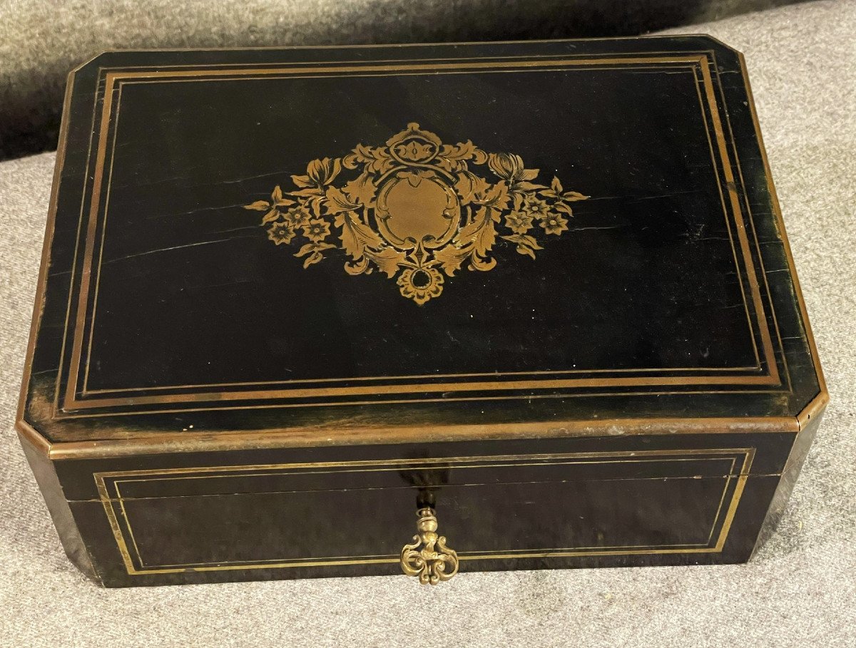 Coffret, boite à bijoux Napoléon III époque XIXe bois noirci avec sa clef-photo-2