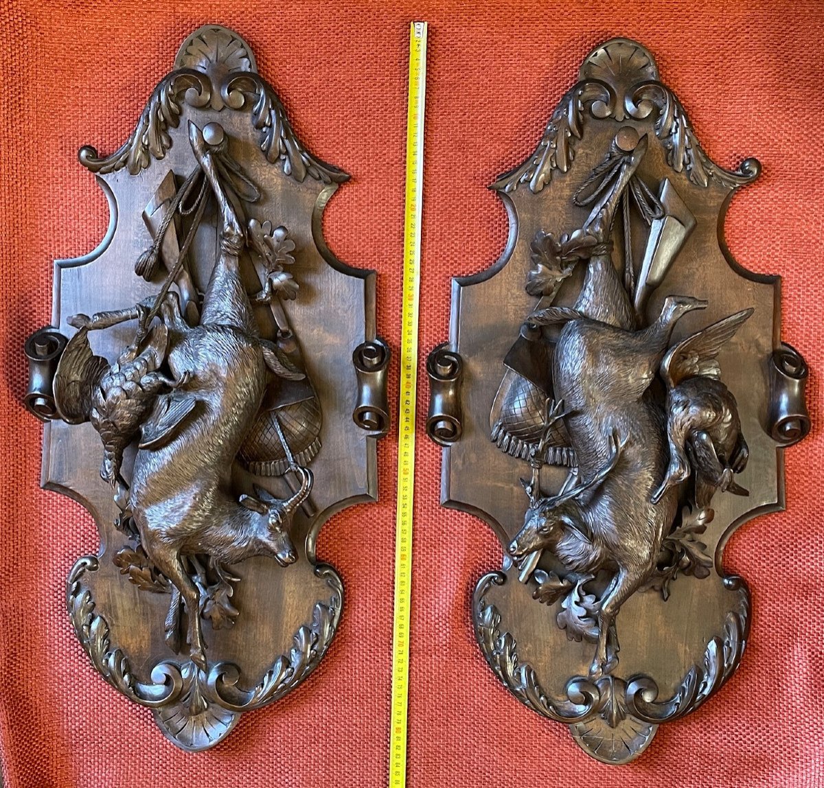 Large Pair Of Black Forest Carved Wooden Hunting Trophies From The 19th Century.-photo-2