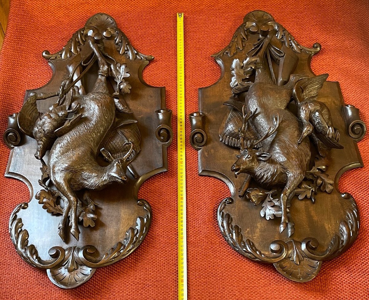 Large Pair Of Black Forest Carved Wooden Hunting Trophies From The 19th Century.