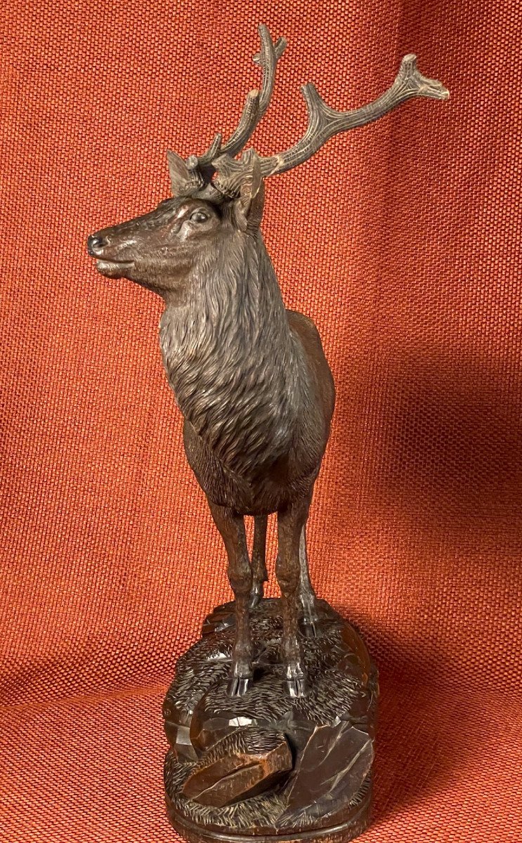 Majestic Wooden Deer On The Lookout By Ernest Heisl, Austria, 19th Century-photo-2