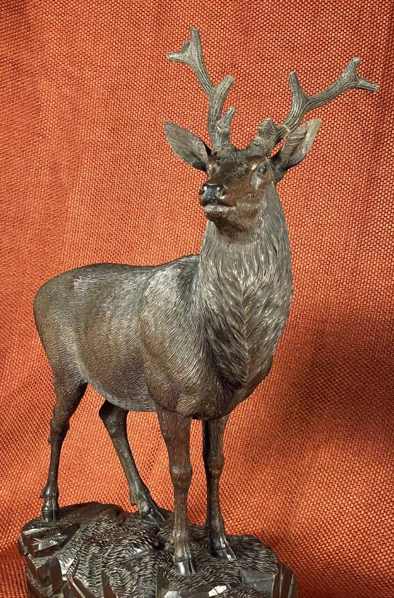 Majestic Wooden Deer On The Lookout By Ernest Heisl, Austria, 19th Century-photo-4