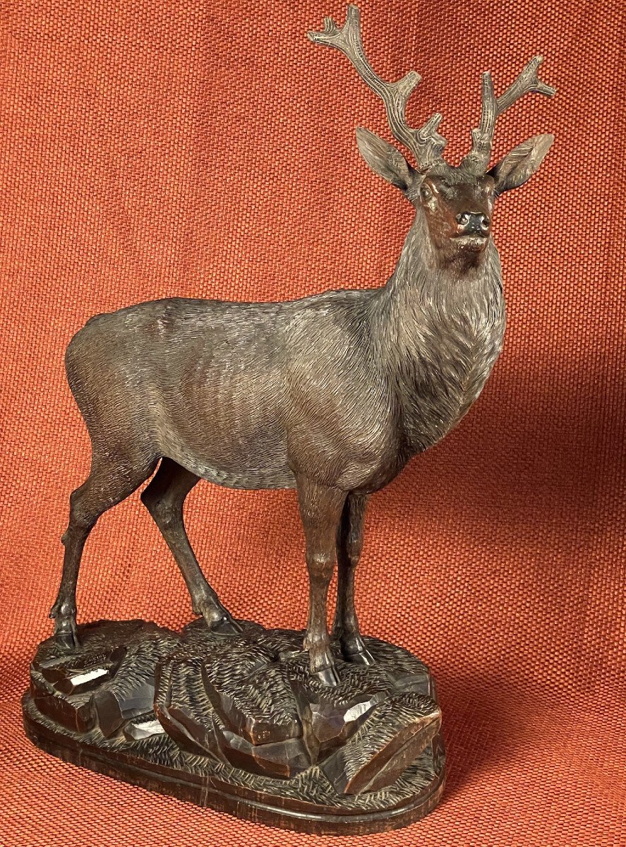 Majestic Wooden Deer On The Lookout By Ernest Heisl, Austria, 19th Century-photo-1