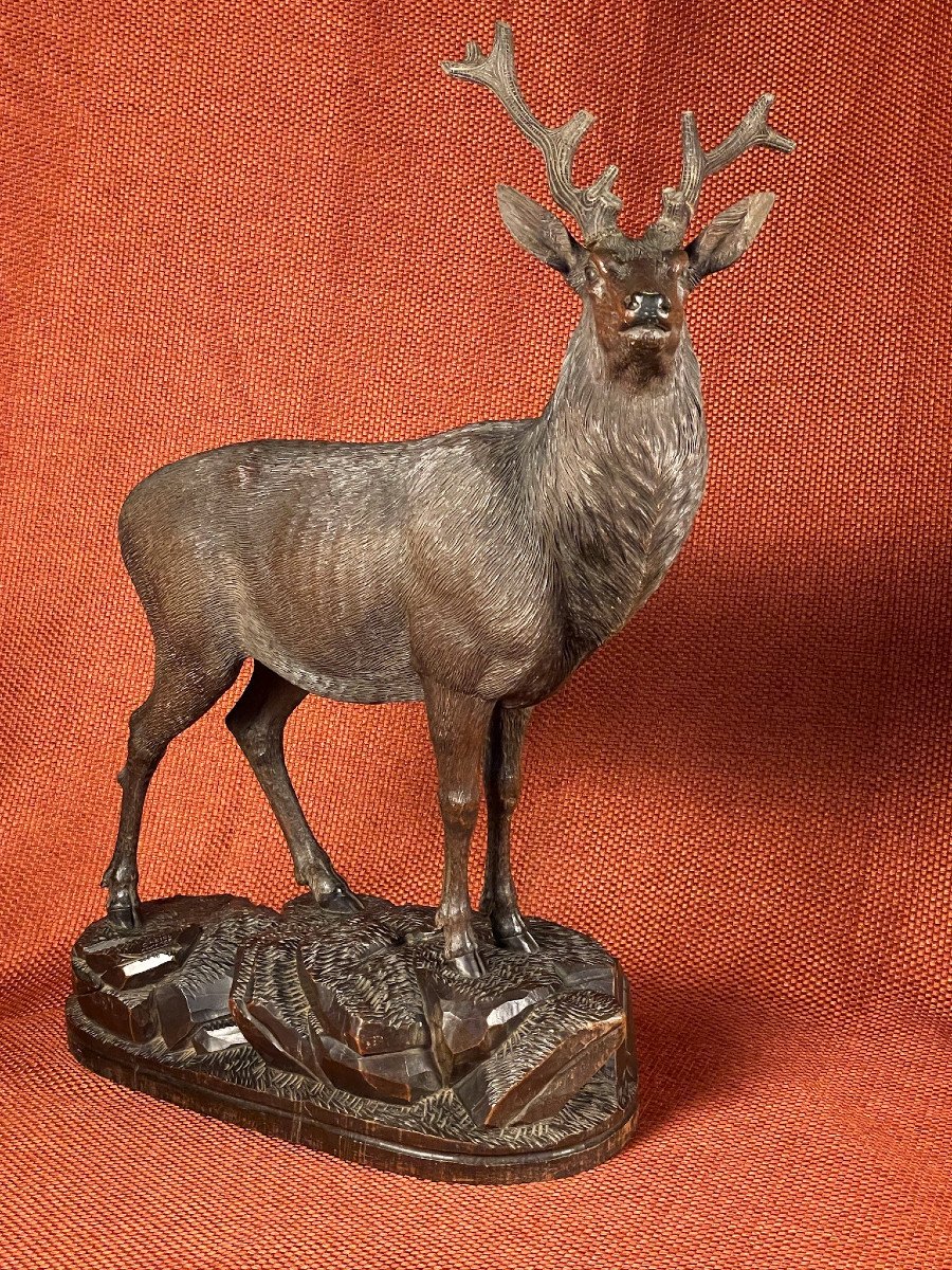 Majestueux cerf aux aguets en bois sculpté par Ernest Heisl Autriche XIXème