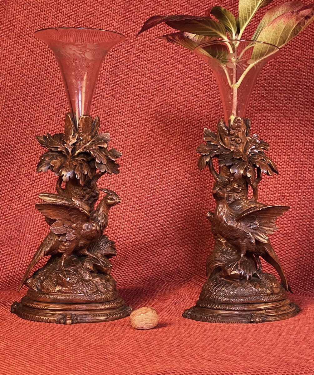 Black Forest, Pair Of Carved Walnut Vases, Pheasants, 19th Century Brienz Switzerland-photo-1