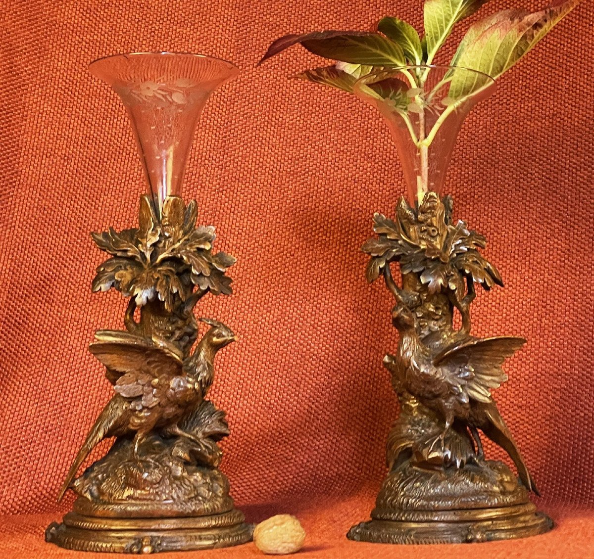 Black Forest, Pair Of Carved Walnut Vases, Pheasants, 19th Century Brienz Switzerland-photo-2