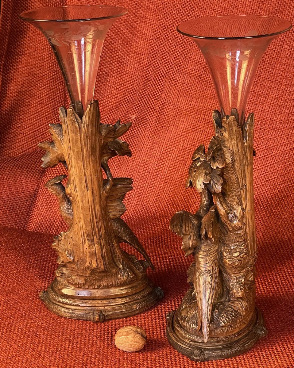 Black Forest, Pair Of Carved Walnut Vases, Pheasants, 19th Century Brienz Switzerland-photo-4