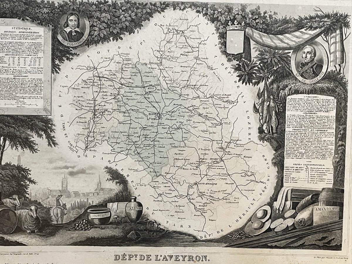 Framed Map Of Aveyron: Geographer Levasseur Published By Pélissier 1852-photo-2