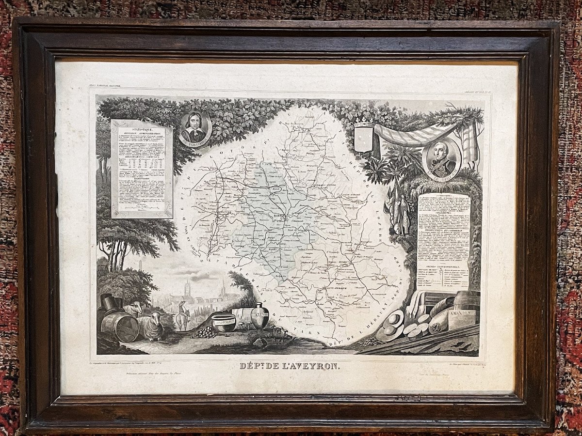 Framed Map Of Aveyron: Geographer Levasseur Published By Pélissier 1852