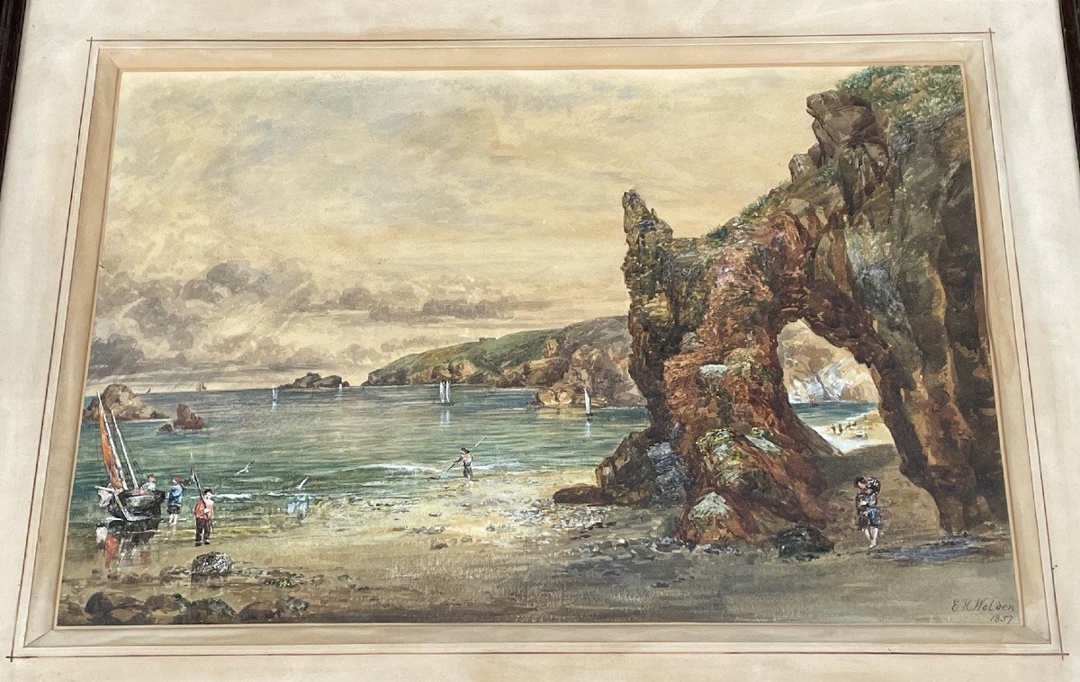 Bord de mer, falaise et arche : les pêcheurs par E. H. Wolden 1857-photo-3