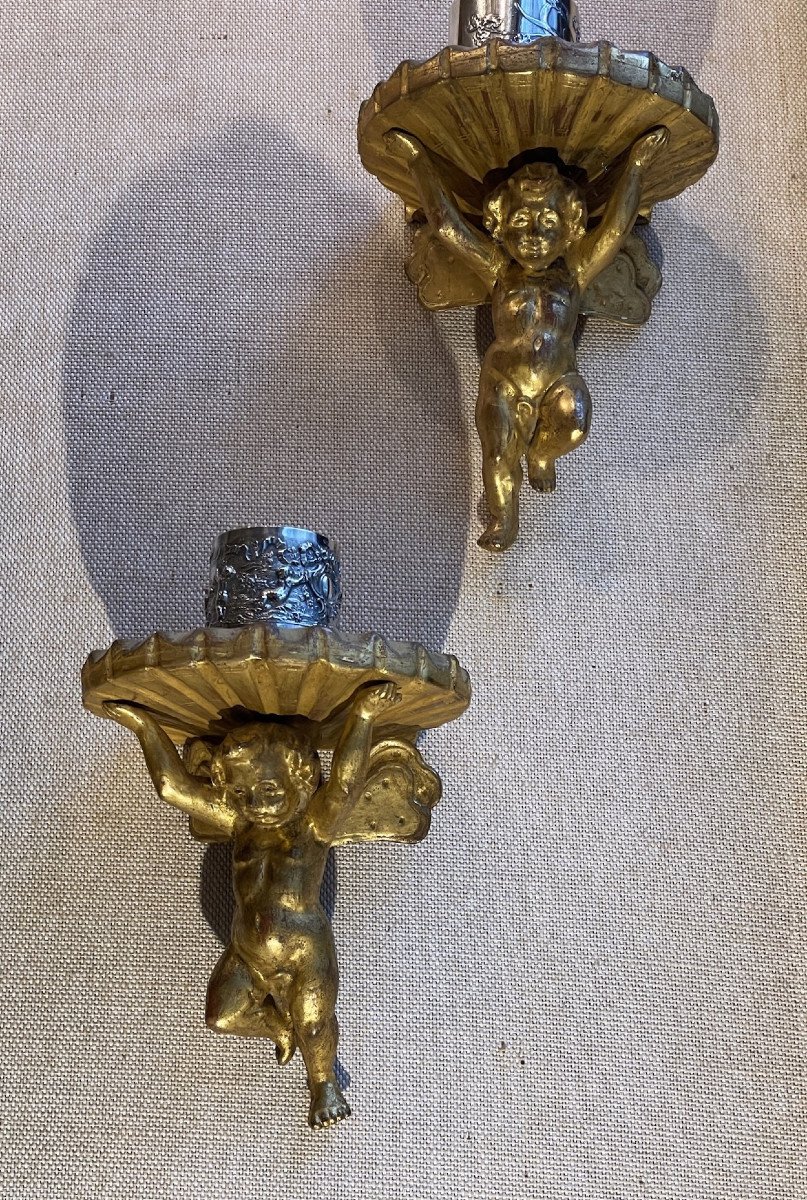 Gilded Wooden Consoles, Pair Of Cherubs, Angels And Shell, Wall Lights-photo-4