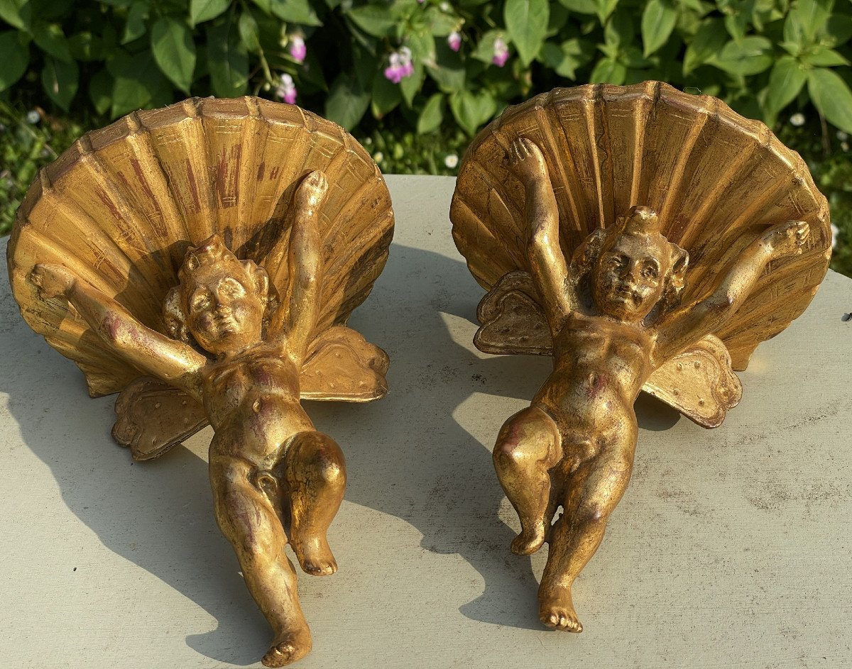 Gilded Wooden Consoles, Pair Of Cherubs, Angels And Shell, Wall Lights