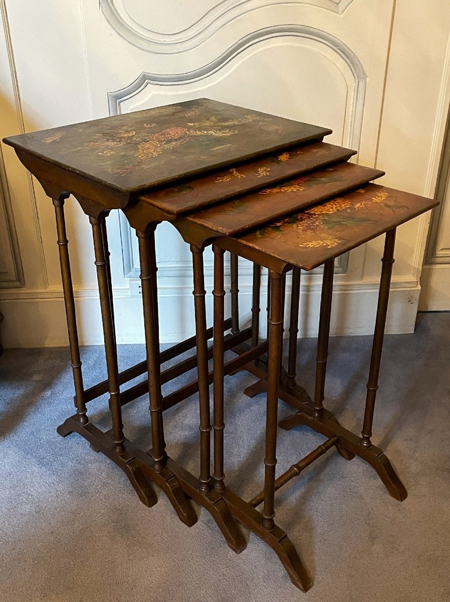 Set Of Four Nesting Tables With Floral Decoration Circa 1900-photo-3