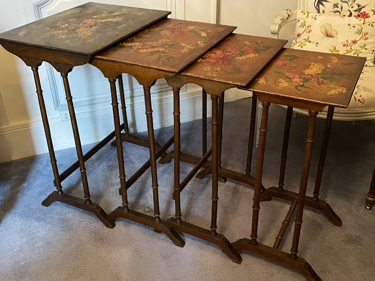 Set Of Four Nesting Tables With Floral Decoration Circa 1900