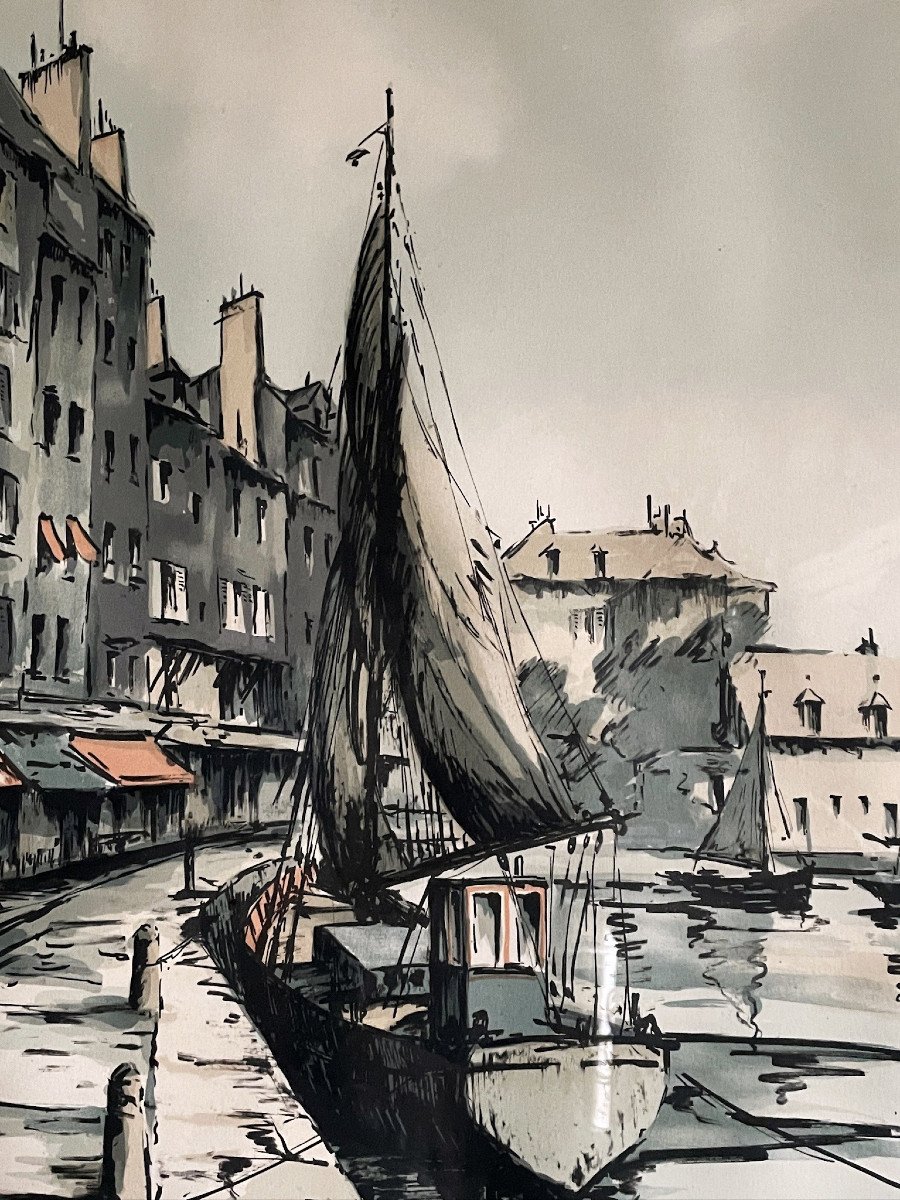 Honfleur, le port par JP Laurent grande lithographie numérotée-photo-2