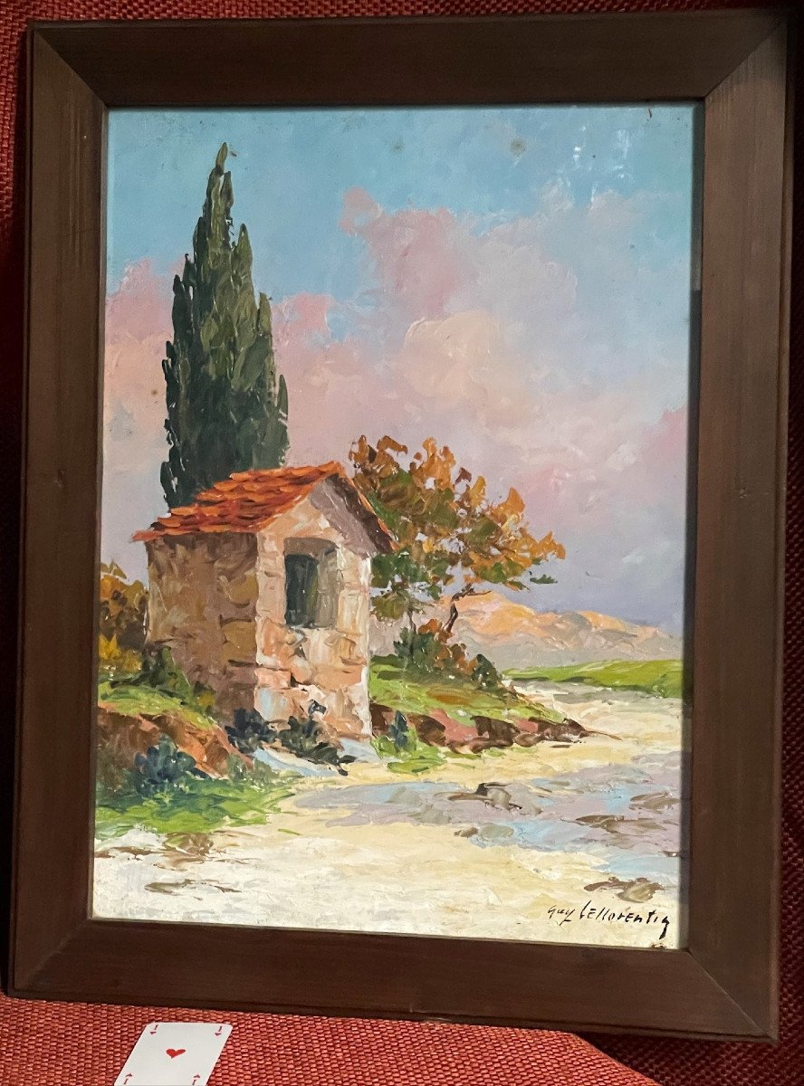 Paysage provençal, cyprès et puit isolé huile de Guy Le Florentin, Italie