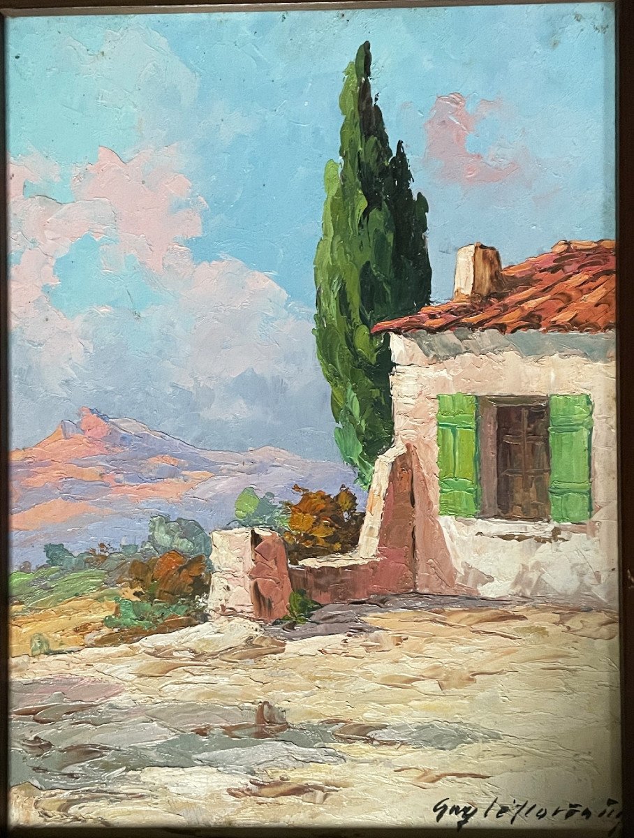 Paysage provençal, cyprès et cabanon isolé huile de Guy Le Florentin, Italie-photo-2