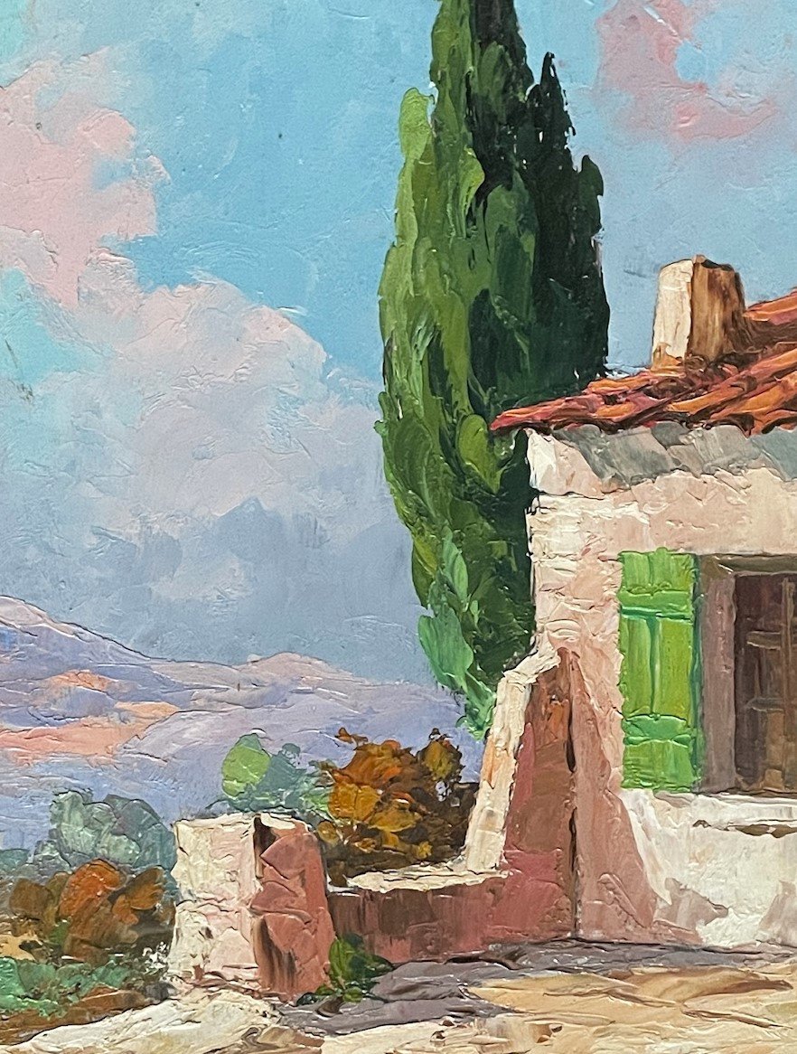 Paysage provençal, cyprès et cabanon isolé huile de Guy Le Florentin, Italie-photo-3