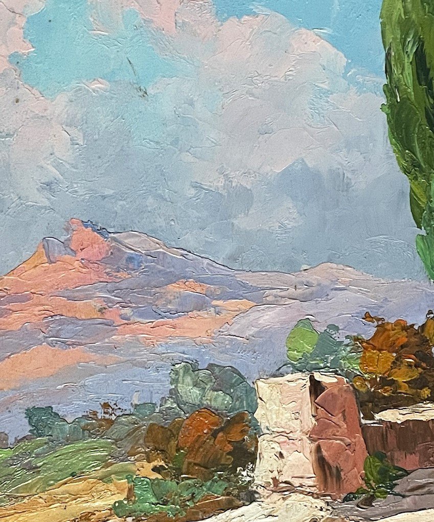 Paysage provençal, cyprès et cabanon isolé huile de Guy Le Florentin, Italie-photo-1