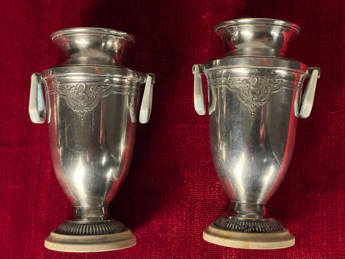 Pair Of Small Art Deco Silver-plated Metal Vases-photo-1