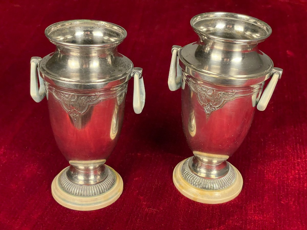 Pair Of Small Art Deco Silver-plated Metal Vases-photo-2