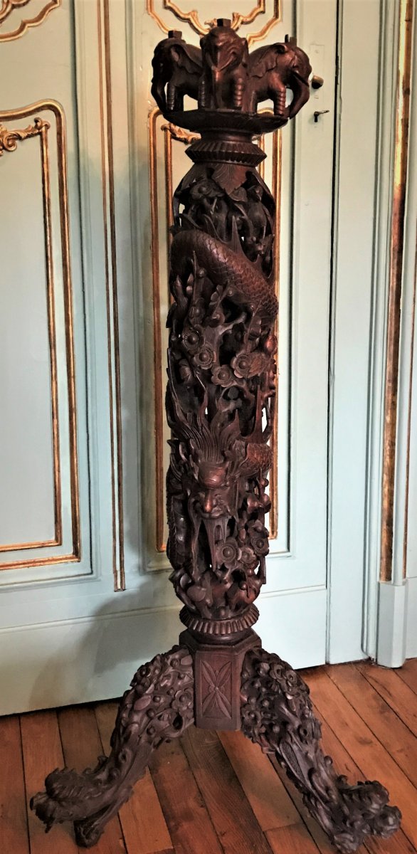 Bolster, Column, Solid Wood Carved Elephants, Dragon ... XIXth Asia-photo-1