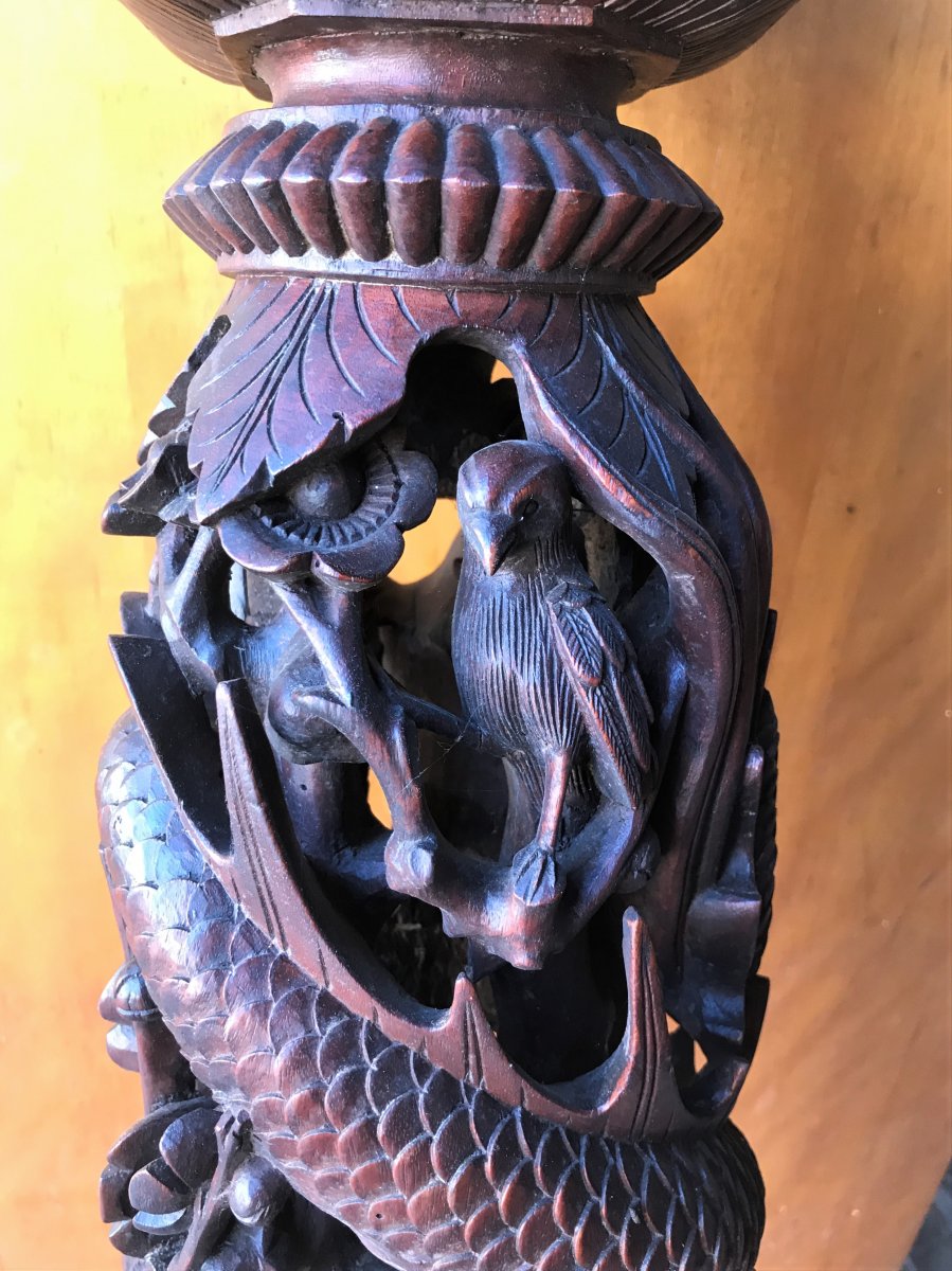 Bolster, Column, Solid Wood Carved Elephants, Dragon ... XIXth Asia-photo-5