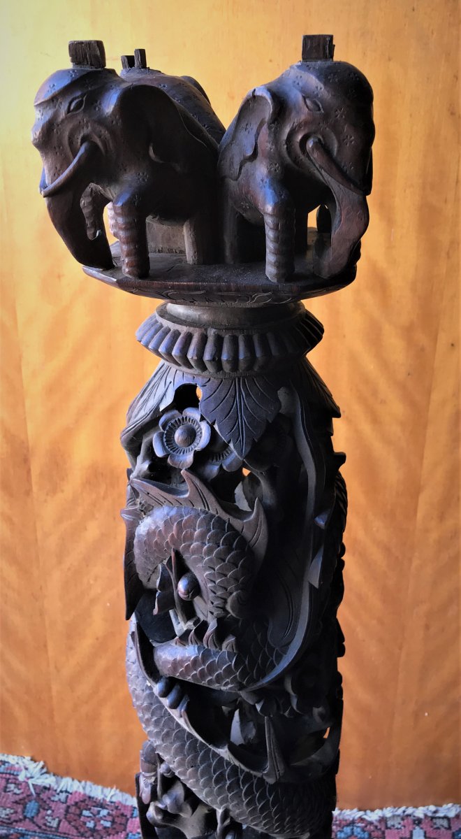 Bolster, Column, Solid Wood Carved Elephants, Dragon ... XIXth Asia-photo-6