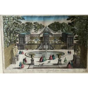 18th Century Optical View Color Engraving: Pleasure House In Gentilly