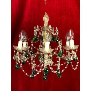 Chandelier With Tassels And Green Beads With Six Arms Of Light 20th Century