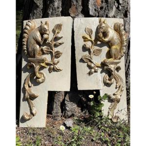 Pair Of Squirrels On 19th Century Gold And Silver Woodwork Panels