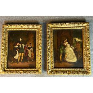 Pair Of Gallant Scenes In 18th Century Carved Wooden Frames