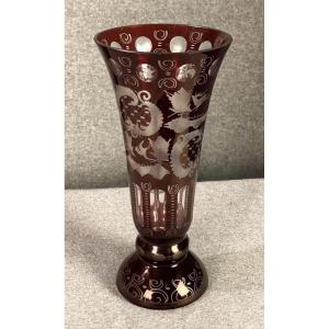 Cut And Faceted Garnet Red Overlay Crystal Vase